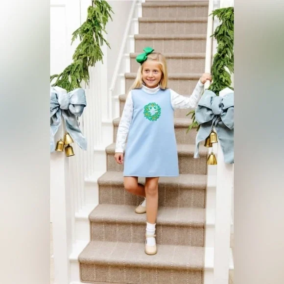 The Beaufort Bonnet Co Annie Apron Shift Dress Blue Wreath Pearl Bow 12 NWT - Picture 7 of 8